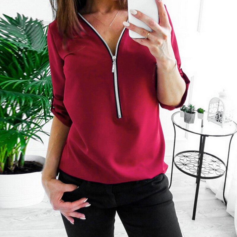 Autumn Zipper Short Sleeve Women Shirts