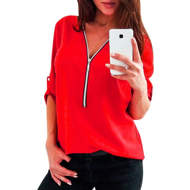 Autumn Zipper Short Sleeve Women Shirts