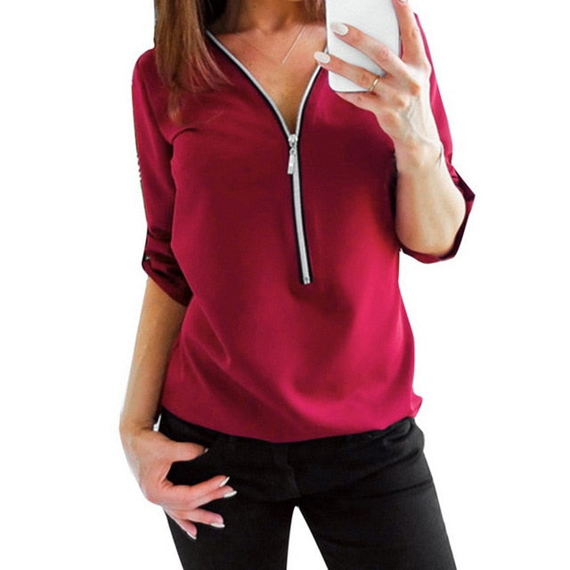 Autumn Zipper Short Sleeve Women Shirts