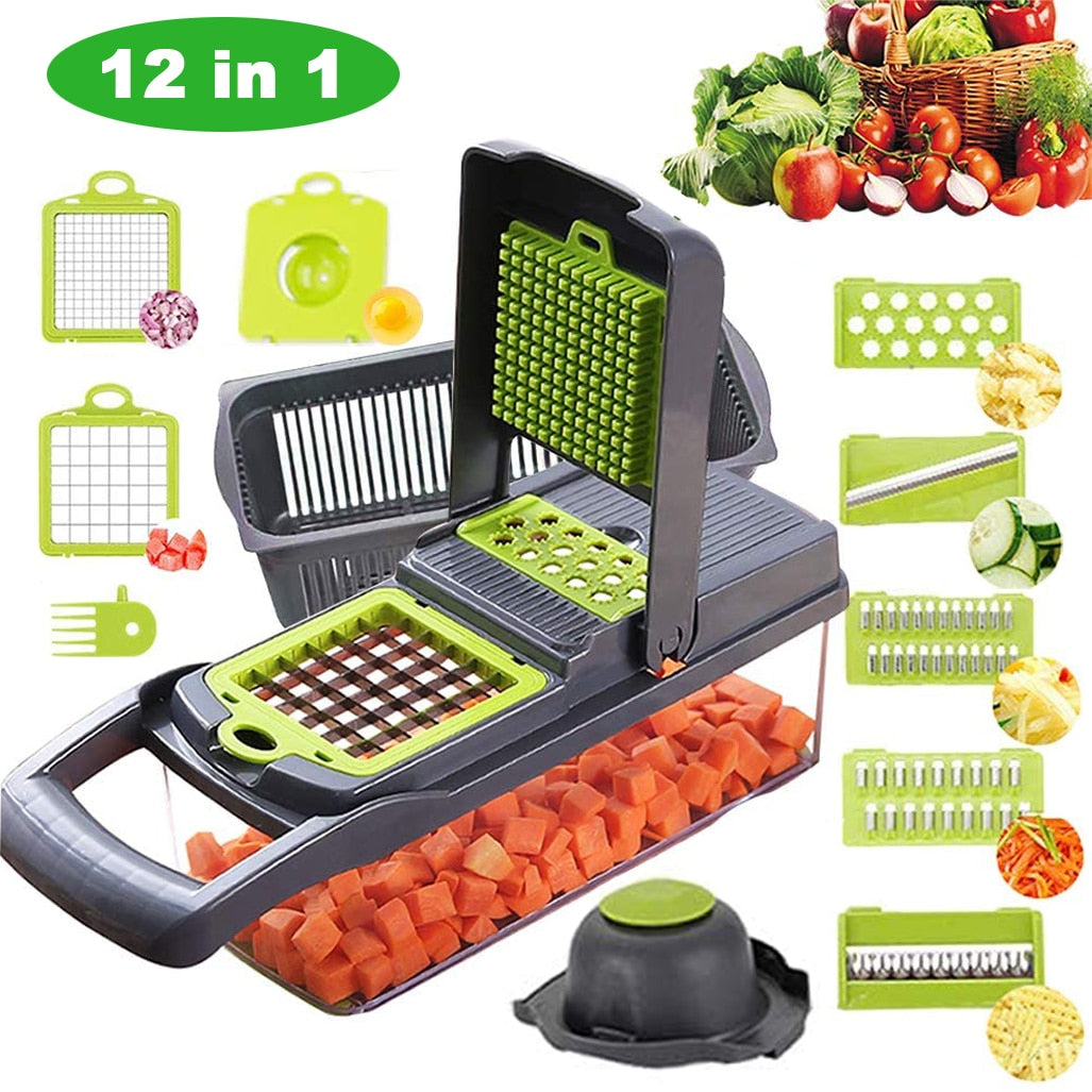 12 in 1 Kitchen Vegetable/Fruit Chopper, asst'd blades and 1 storage cont. Asst'd colors