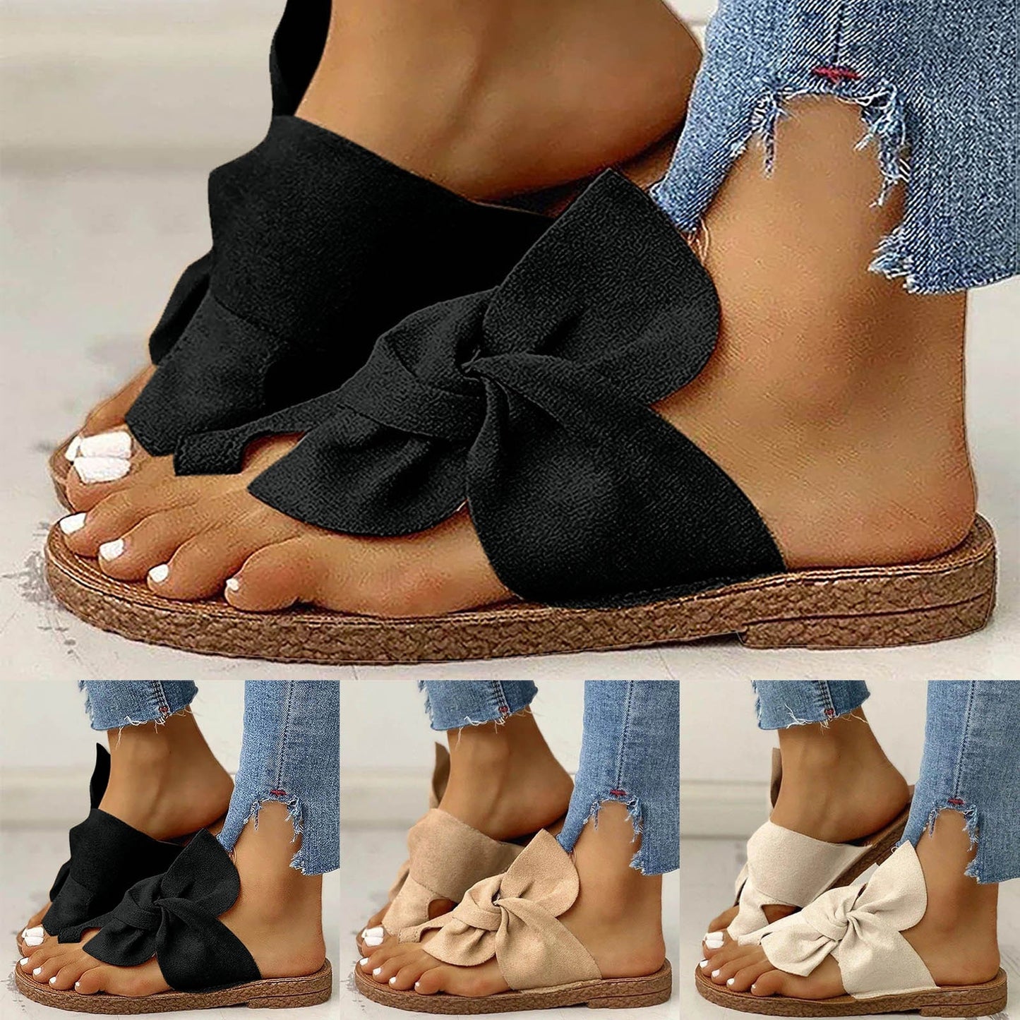 Fashion Causal Slippers Women Summer Outdoor Open Toe Slide Bow-Knot Comfy Sandals Slippers Low Heeled Shoes chaussure femme
