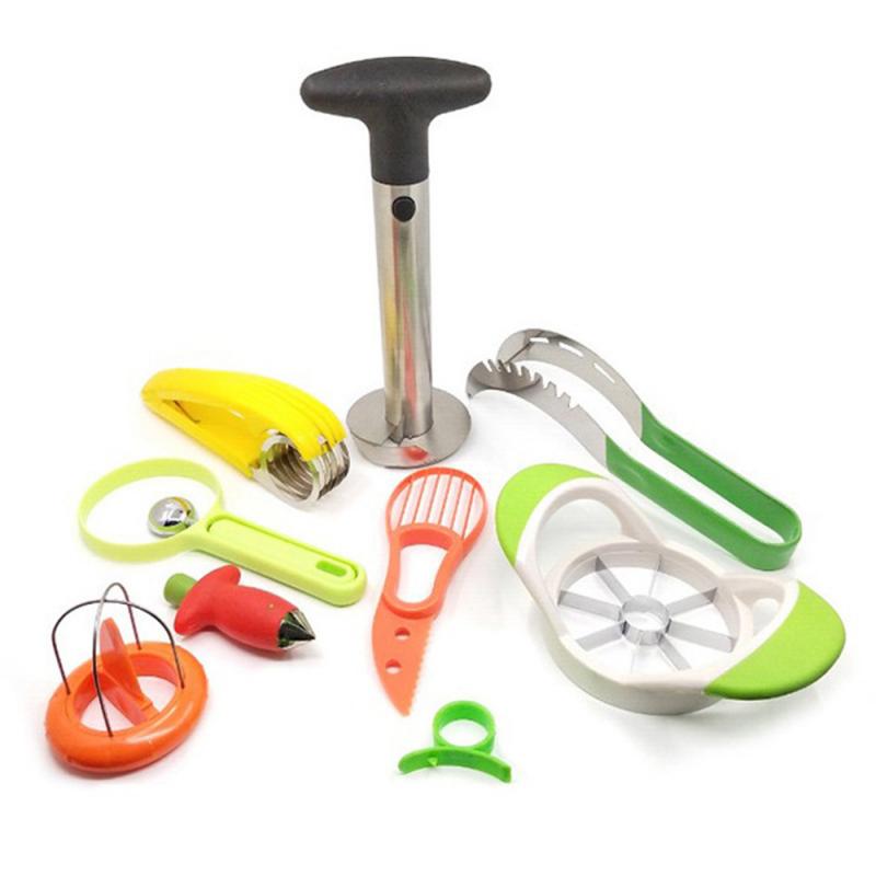 9 Pcs. Tool Set for Asst'd. Fruits. Incl. Splitter, Knife, Baller, and Stainless Steel Pineapple Slicer/Corer.