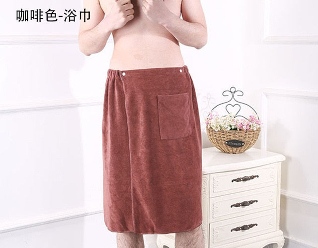 Soft Men's Wearable Bath Towel With Pocket Mircofiber Velcro Closure. Asst'd Colors. Get Towel alone or with additional Microfiber towel.