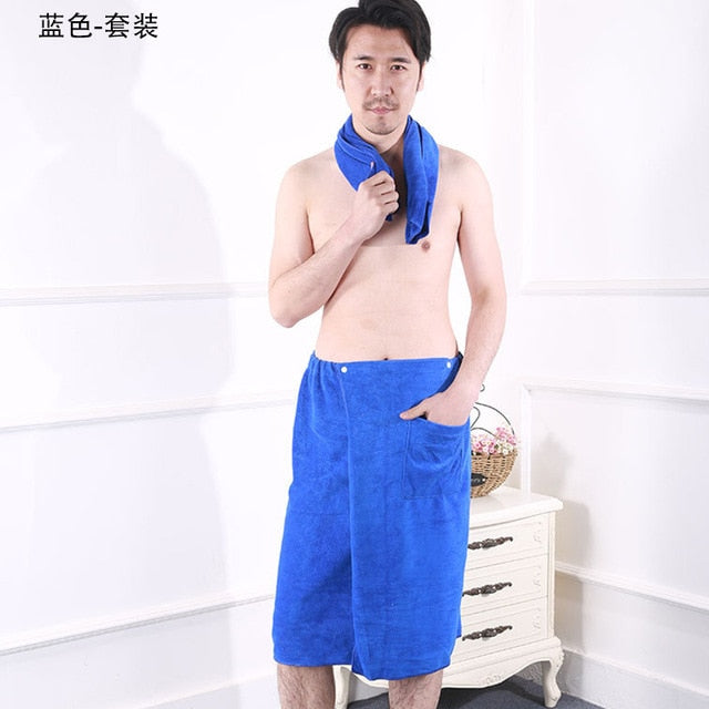 Soft Men's Wearable Bath Towel With Pocket Mircofiber Velcro Closure. Asst'd Colors. Get Towel alone or with additional Microfiber towel.