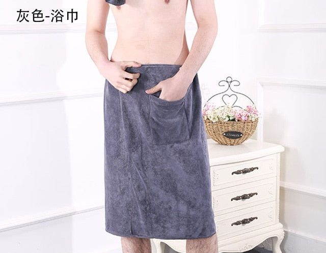 Soft Men's Wearable Bath Towel With Pocket Mircofiber Velcro Closure. Asst'd Colors. Get Towel alone or with additional Microfiber towel.