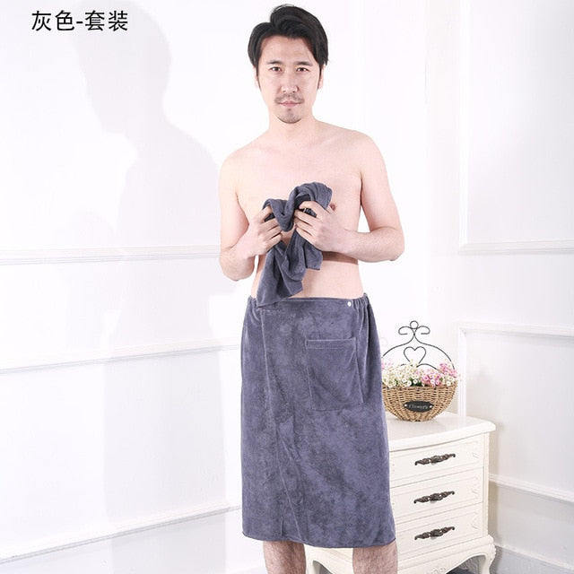 Soft Men's Wearable Bath Towel With Pocket Mircofiber Velcro Closure. Asst'd Colors. Get Towel alone or with additional Microfiber towel.