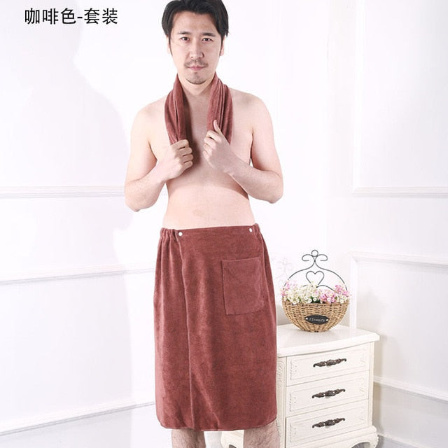 Soft Men's Wearable Bath Towel With Pocket Mircofiber Velcro Closure. Asst'd Colors. Get Towel alone or with additional Microfiber towel.