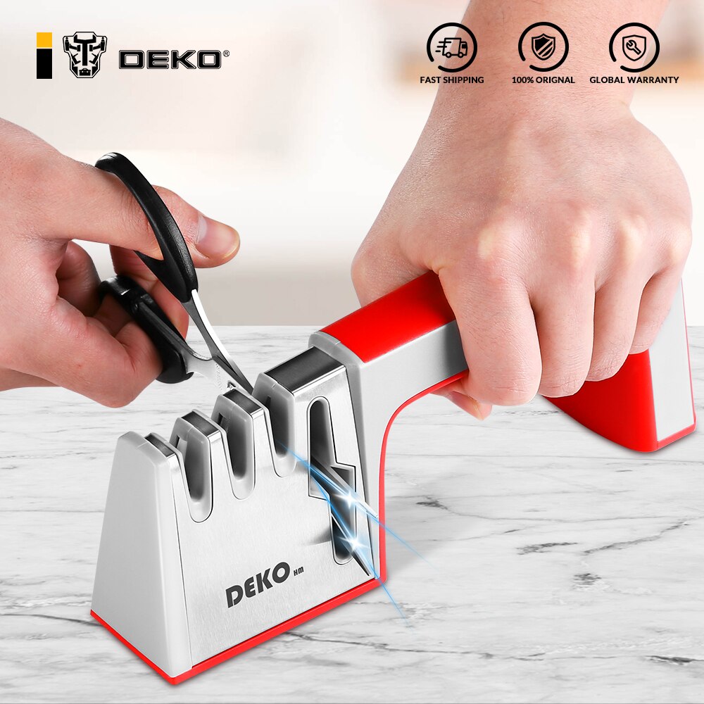 DEKO 4 In 1 Sharpener/Grinder for Knives, Scissors. Non-slip Base Stainless Steel Sharpening Tools. Avail. in Red or Black.