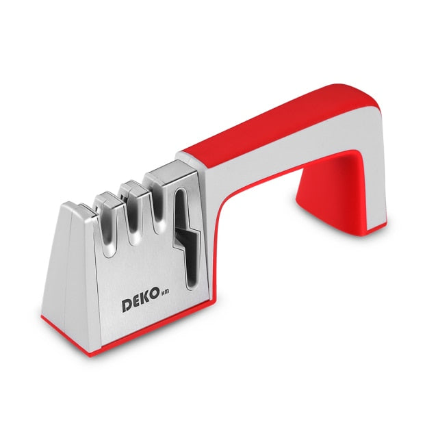 DEKO 4 In 1 Sharpener/Grinder for Knives, Scissors. Non-slip Base Stainless Steel Sharpening Tools. Avail. in Red or Black.