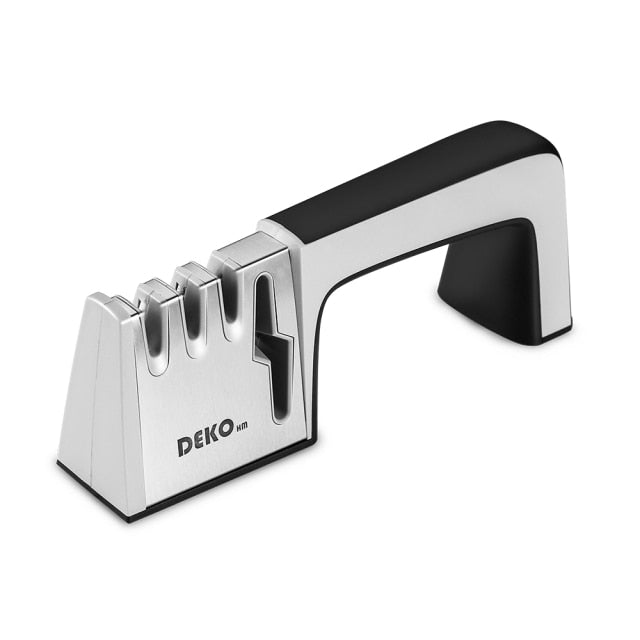 DEKO 4 In 1 Sharpener/Grinder for Knives, Scissors. Non-slip Base Stainless Steel Sharpening Tools. Avail. in Red or Black.