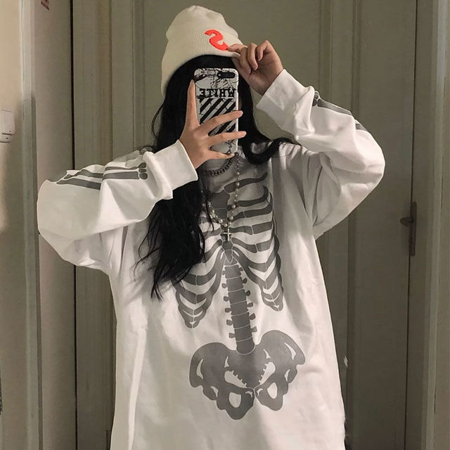 Oversized, Long Sleeve Skeleton Bones T-Shirt. Avail. in sizes S.-M.-L., and 2 Color-Combos of Black w/White bones and White w/Gray Bones.