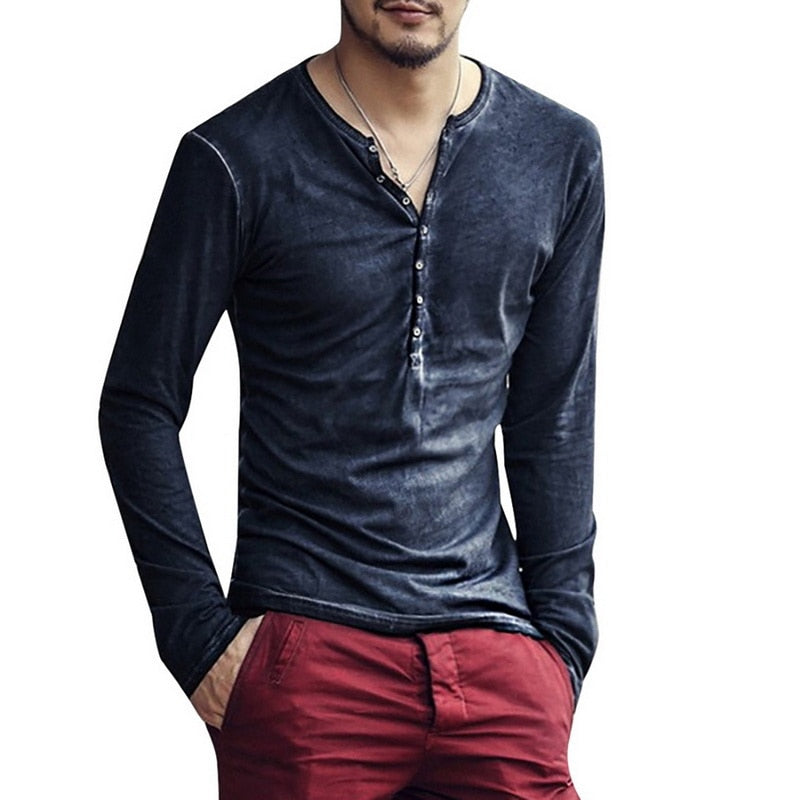 Heather Weave, T-Shirt. Button V-Neck, Long Sleeve, Casualwear. Avail. in Sizes S-3XL and 5 Colors.