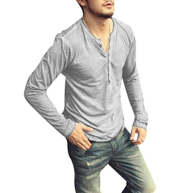 Heather Weave, T-Shirt. Button V-Neck, Long Sleeve, Casualwear. Avail. in Sizes S-3XL and 5 Colors.