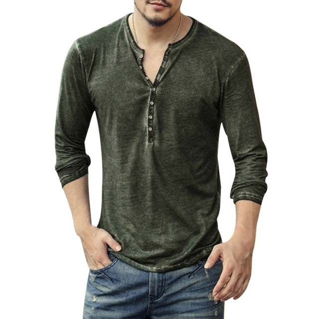Heather Weave, T-Shirt. Button V-Neck, Long Sleeve, Casualwear. Avail. in Sizes S-3XL and 5 Colors.