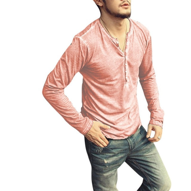 Heather Weave, T-Shirt. Button V-Neck, Long Sleeve, Casualwear. Avail. in Sizes S-3XL and 5 Colors.