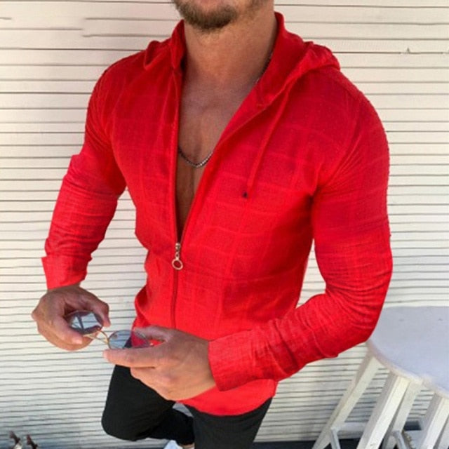 Men's Long sleeved Zipper Front Hooded Shirt. Avail. in 5 Colors and Sizes S-XXXL. *Black also avail. in Short Sleeve*