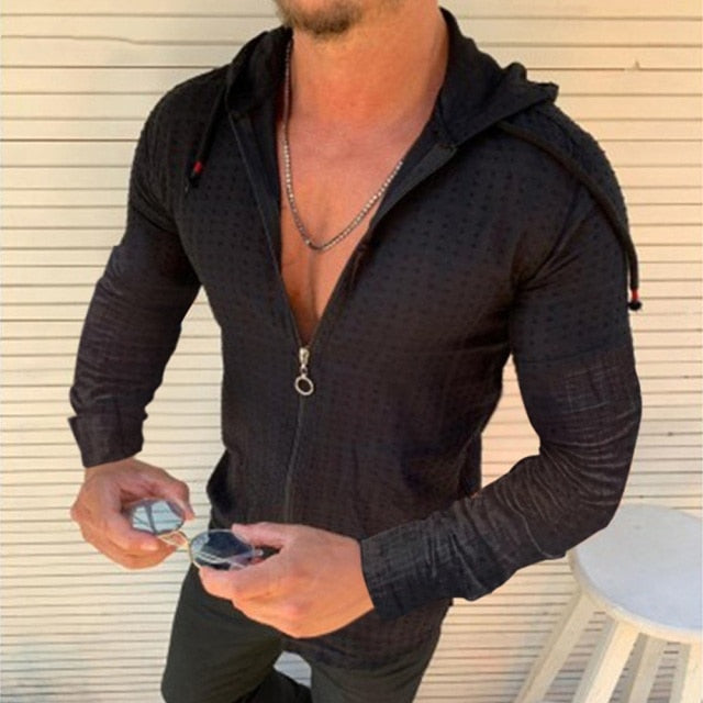 Men's Long sleeved Zipper Front Hooded Shirt. Avail. in 5 Colors and Sizes S-XXXL. *Black also avail. in Short Sleeve*