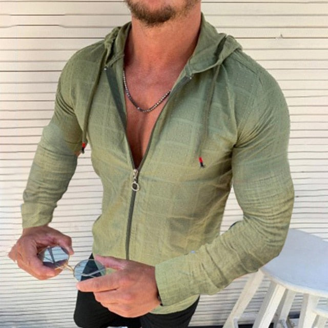 Men's Long sleeved Zipper Front Hooded Shirt. Avail. in 5 Colors and Sizes S-XXXL. *Black also avail. in Short Sleeve*