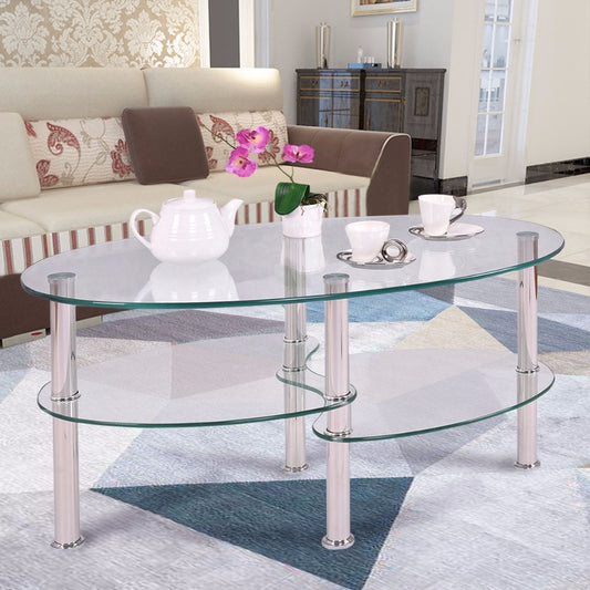 Tempered Glass Oval Coffee Table. 3 Levels for Accent Pieces. Chrome w/Clear or Black Glass