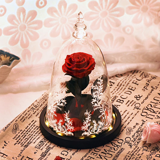 Beauty and The Beast Eternal Red Rose Artificial Flower In Glass Dome with LED Light and Design on glass. Avail. in two shades of Red. Great Gift for all the Favorite Women in your Life