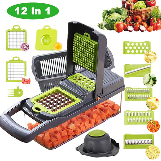 12 in 1 Kitchen  Vegetable/Fruit Chopper, asst'd blades and 1 storage cont. Asst'd colors