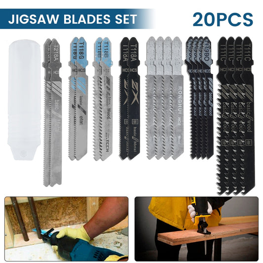 20Pc. Professional Jigsaw Blades Set. T-Shaft HCS Assorted Jigsaw Blades For Metal, Wood, and Plastic. Incl. Case