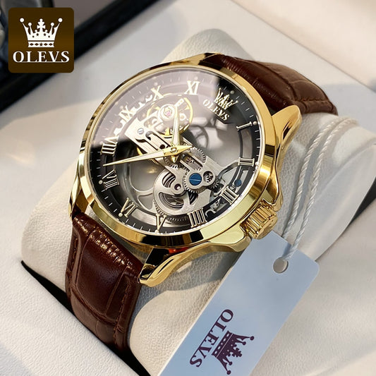 OLEVS Men's Luxury Watch Skeleton Design Waterproof Leather Strap. Asst'd Background color and finishes to choose from.