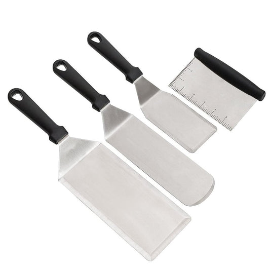 Metal Spatula Set for Stainless Steel or Cast Iron Griddles. Incl. 3 Different sizes Spatulas and Scraper. *NOT FOR USE ON TEFLON COATED COOKWARE*