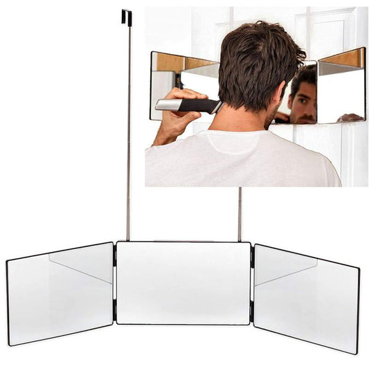 3 Section Hinged Mirror. 360 deg. View for Styling or Cutting. Hangs over Door or Curtain Rod. Bars Adj. for hgt. Avail in Blk/Wht.