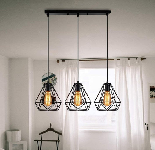 Hanging Pendant Style Lighting, 3 Light Jewel Shaped Cages Avail. in Bar or Round Base and Vintage Style Bulbs.