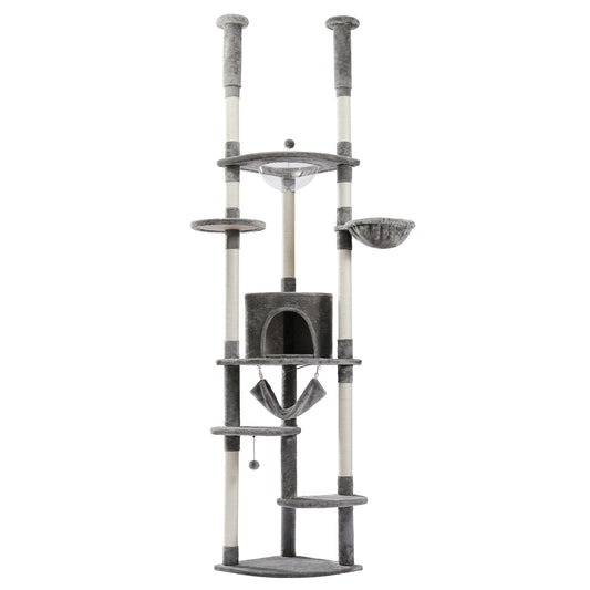 Cat Tower with Scratching Post, Adjustable Height, Multiple Soft Hammocks, and Clear Center Nest. Avail. in Gray and Beige.