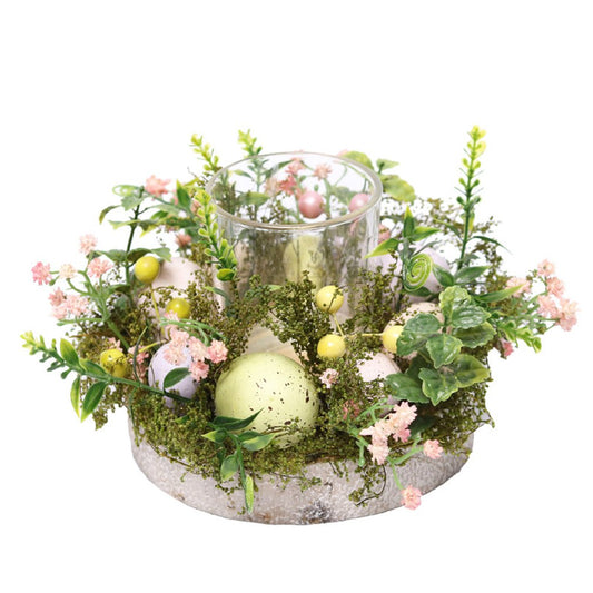 Candlestick Easter Egg Glass Candle Holder Surrounded by Plant Arrangement